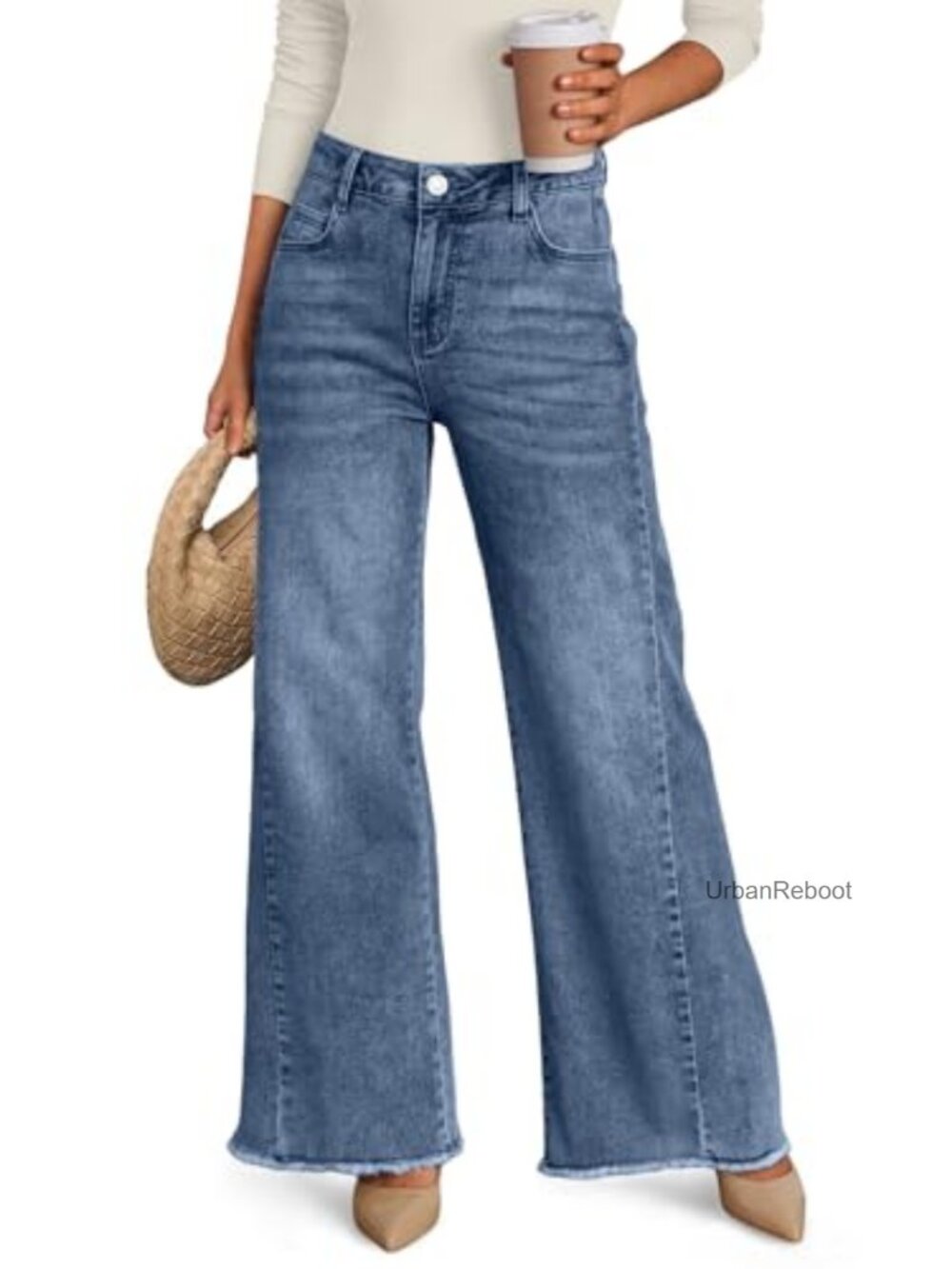 Wide Leg Jeans with Raw Hem - Mid Rise Stretch Denim